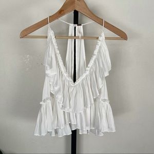 Free People White Ruffled V-Neck Tank Top